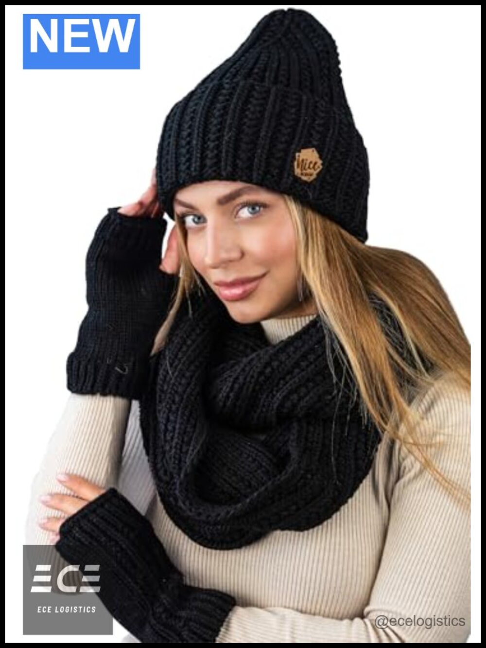 Womens 3-Piece Winter Set Knit Beanie Infinity Scarf Fingerless Mittens Cold